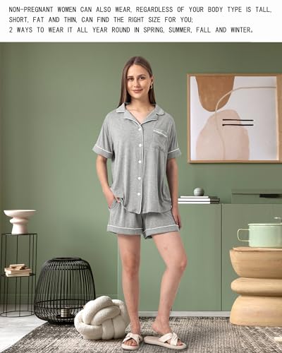 Rnxrbb Button Down Maternity Pajamas Set Nursing Postpartum Pjs Clothes - color: New-light Gray, size: Large