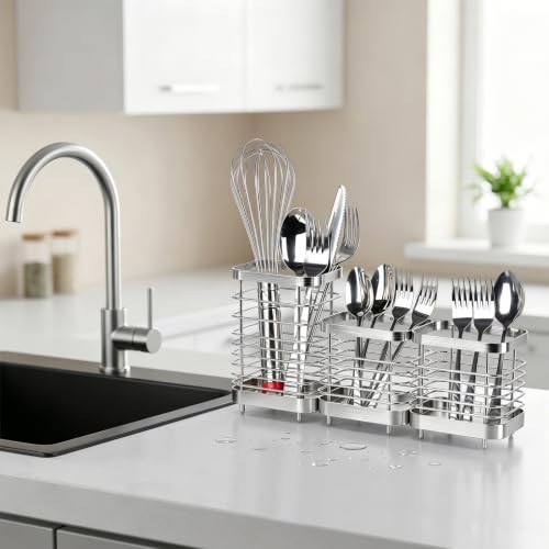 Utensil Holder, Stainless Steel Utensil Drying Rack for Kitchen Counter - color: 1 Large+2 Small