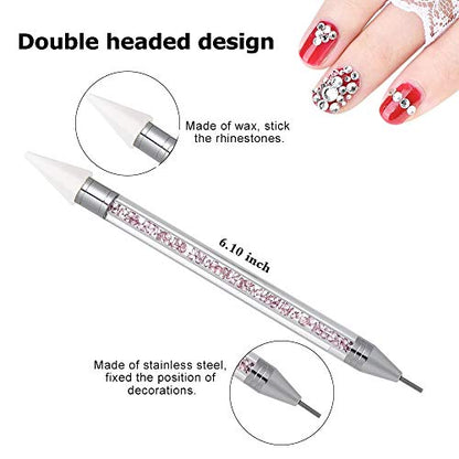 Nail Rhinestone Picker Dotting Tool with Extra 2 Wax Head, Dual-ended DIY Nail Art Tool With Pink Acrylic Handle - color: PINK