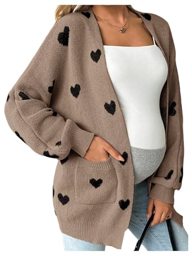 MakeMeChic Women's Maternity Heart Sweater Cardigan Fall Winter Clothes - color: Brown, size: Large