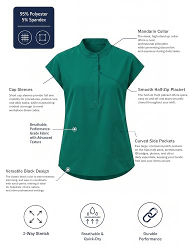 VECARDI Womens Scrub Top Zip Front Dolman Sleeves with Pockets - color: Hunter Green, size: Large