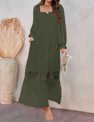 ZESICA Women's 2026 Boho Long Sleeve Fall Maxi Dress - color: Army Green, size: X-Large