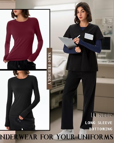 Neer 3 Pack Womens Long Sleeve Underscrub Shirts - color: Black, Navy Blue, Wine Red, size: Small