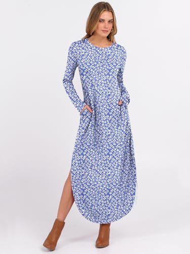 ANRABESS Women's Long Sleeve Fall Maxi T-Shirt Dress with Pockets - color: Floral Blue White, size: Medium