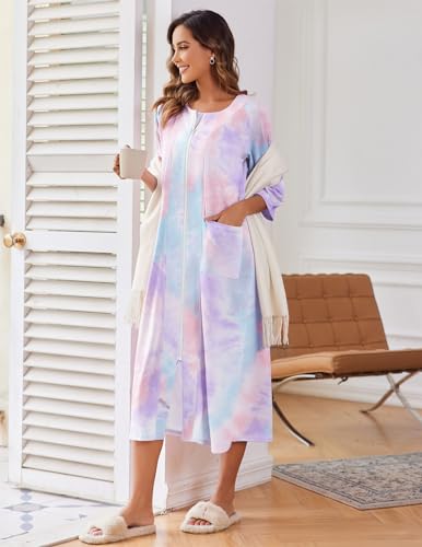 Ekouaer Robes For Women Zipper Front 3/4 Sleeve Housecoats with Pockets - color: Blue Tie Dye, size: Medium