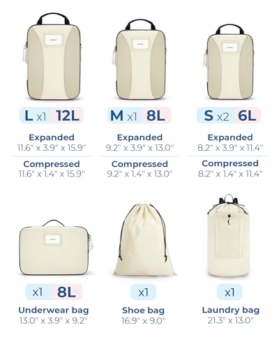 BAGSMART Compression Packing Cubes, Lightweight Travel Essentials - color: Light Beige, size: 8 Set