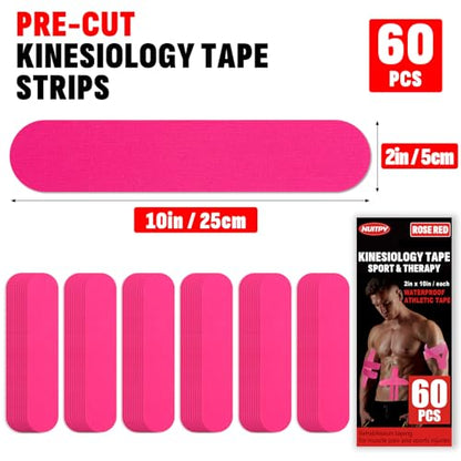 60 Pcs Rose Red Precut Kinesiology Tape Strips, 2in x 10in Kinetic Tape - color: Rose Red