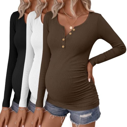 Huukeay 3 Pack Womens Maternity Long Sleeve Shirts Pregnancy Top - color: Coffee, White, Black, size: Medium