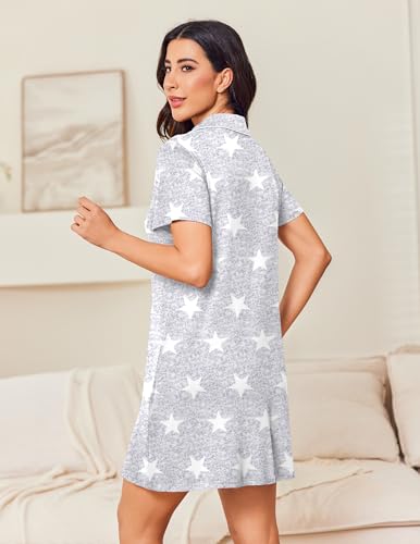 Ekouaer Womens Nightgown Button Down Short Sleeve Notch Collar Sleep Shirt - color: Star Grey, size: 3X-Large