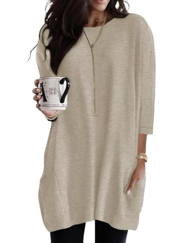 Poetsky Womens 3/4 Sleeve Tunics or Tops to Wear with Leggings Long Shirts - color: Apricot, size: Small
