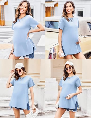 Ekouaer 3 Pack Maternity Shirts Short Sleeve Pregnancy Tops Summer Clothes - color: Green/Grey Stripe/Blue, size: X-Large
