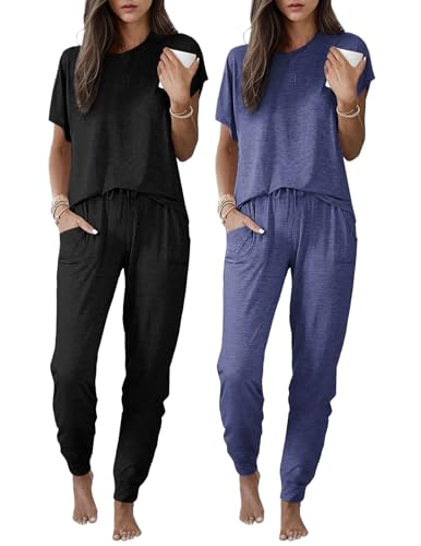 Ekouaer 2 Pack Womens Pajama Short Sleeve Jogger Pants Pjs Lounge Set - color: Black and Navy Bule, size: Medium