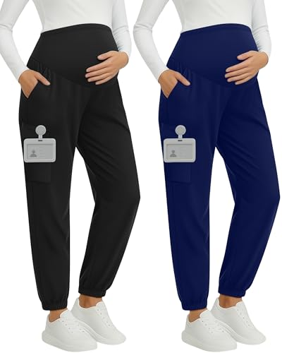 Oakgarden 2 Pack Women's Maternity Scrub Pants Pregnancy Scrubs - color: Black, Navy Blue, size: Large
