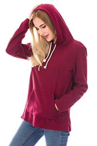 Bearsland Women's Maternity Sweater Clothes Nursing Sweatshirt Breastfeeding Hoodie with Pockets - color: Deepred, size: Large