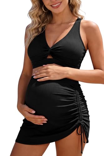 SHEKINI Women's Two-Piece Maternity Swimsuit Pregnancy Bathing Suit Set - color: Black, size: Small