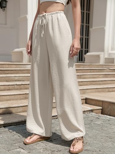 Wide Leg Pants for Women Flowy Palazzo Pants Drawstring Elastic Beach Trousers with Pockets Summer Vacation - color: Cream, size: Small