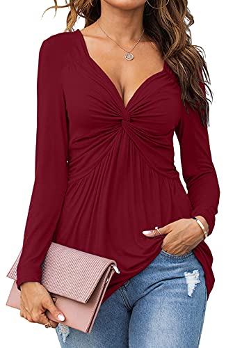Tankaneo Women V-Neck Front Knotted Tshirt Long Sleeve Oversized Tunic Top - color: B20-wine Red, size: XX-Large