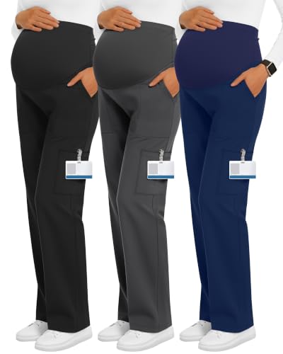 3 Pack Women's Maternity Scrub Pants with 6 Pockets - color: Black, Dark Gray, Navy Blue, size: Medium