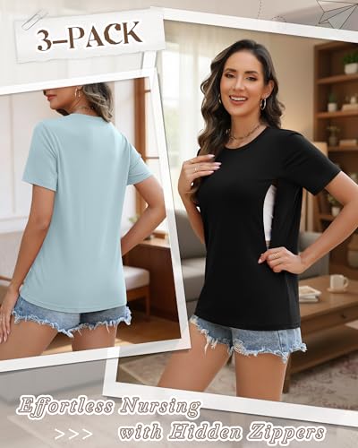 3 Pack Women's Nursing Shirts - color: Aqua Blue, Light Yellow, Black, size: XX-Large