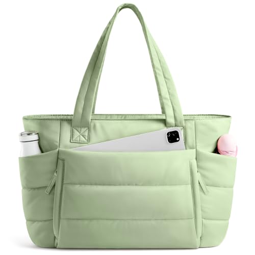Uselike Tote Bag for Women with Zipper, Quilted Puffer Tote Bag with Compartments, Lightweight Puffy Work Bags for Women - color: Foam Green