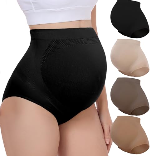 Maternity Underwear High Waist Seamless Pregnancy Panties Over Bump Support Shapewear for Women 4 Pack - color: Black+nude+brown+coffee, size: Large