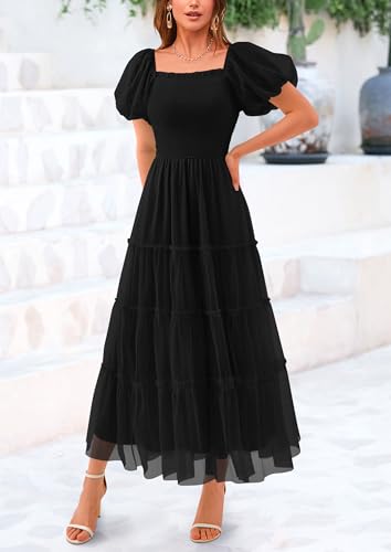 PRETTYGARDEN Women's Summer Smocked Midi Tulle Dress - color: Black, size: X-Large