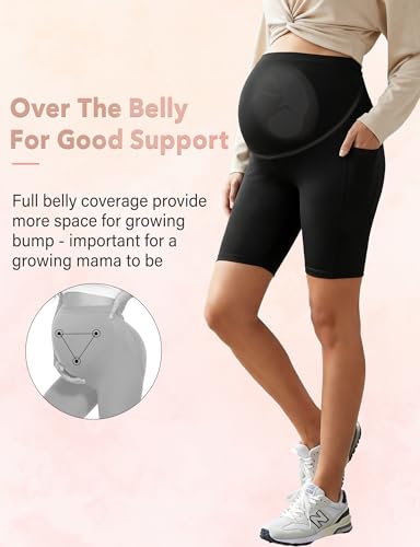 CTHH 4 Pack Soft Maternity Biker Shorts Over Belly with Pockets 8" - color: 02- 4 Pack Black, size: X-Large