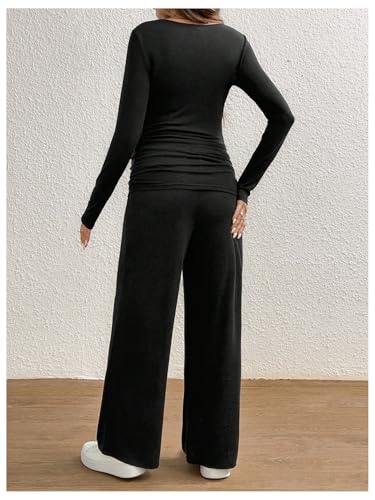 OYOANGLE Women's Maternity Sets 2 Piece Fall Long Sleeve Top and Pants Set - color: Black, size: X-Large
