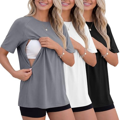 3 Pack Women's Oversized Nursing Tops - color: Gray, White, Black, size: Medium
