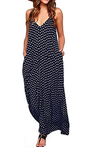 LILBETTER Women V-Neck Polka Dot Print Spaghetti Strap Boho Long Maxi Dresses - color: 02navy Blue Dot, size: Small