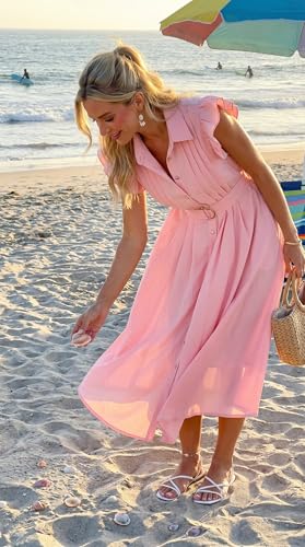 ZESICA Womens Summer Button Midi Dress Casual Work Dresses - color: Pink, size: Large