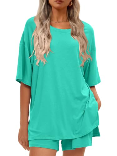 Women's 2 Piece Short Sets Loose Lounge Sets Summer Matching Sets - color: Turquoise, size: Large
