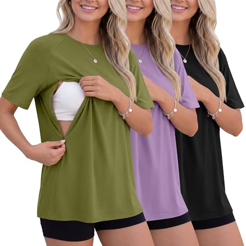 3 Pack Women's Oversized Nursing Tops - color: Grass Green, Light Purple, Black, size: XX-Large