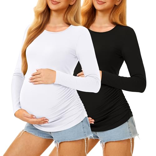Maternity Shirts Long Sleeve Crew Neck Pregnancy Top for Women - color: Black+white, size: X-Large