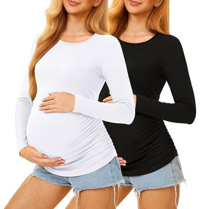 Maternity Shirts Long Sleeve Crew Neck Pregnancy Top for Women - color: Black+white, size: X-Large