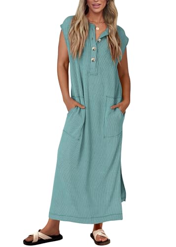 KIRUNDO Womens Summer Ribbed Knit Short Sleeve Maxi Dress - color: Bean Green, size: Medium