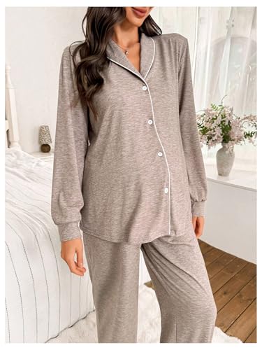 MakeMeChic Women's Maternity 2 Piece Pajama Set Button Down Long Sleeve Tops and Pants Sleepwear - size: Small