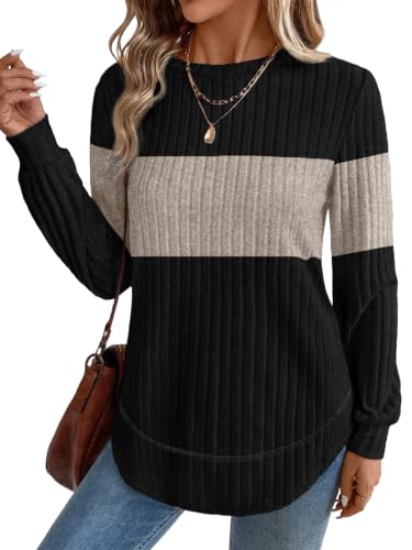 OFEEFAN Womens Sweaters Crew Neck Tunic Tops Long Sleeve Shirts Curved Hem - color: Black Beige, size: Small