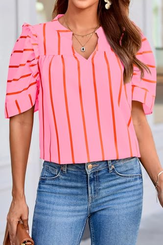 Tankaneo Womens Puff Sleeve Tops Striped Shirts Loose Fit Tunic Blouses - color: Pink, size: Medium