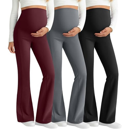 3 Pack Maternity Over The Belly Flared Leggings Pants - color: Burgundy, Dark Gray, Black, size: Medium