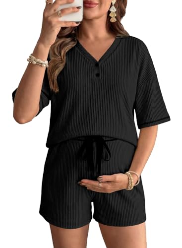 BLENCOT Maternity Pajamas Nursing Set Shorts Pregnancy Pj Sets - color: Black, size: Large