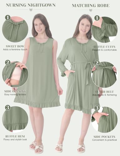 Maternity Nursing Gown & Robe Set, Ruffle Hospital Loungewear - color: Sage Green, size: Large