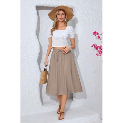Witsmile Women's Summer Boho High Waist Pleated Flowy Midi Skirt - color: B-01 Beige, size: Small