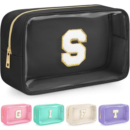 Initial Clear Makeup Bag, Birthday Gift Chenille Patch Cosmetic Bag - color: Black, size: S