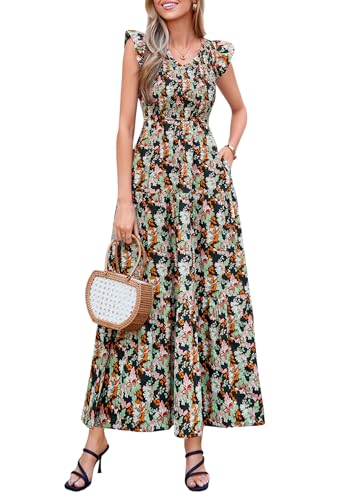 PRETTYGARDEN Women's Smocked Boho Floral Maxi Dress - color: Black, size: X-Large