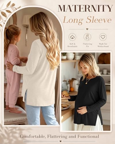 Riyiper 3 Pack Women Maternity Shirts Long Sleeve Pregnancy Tops - color: Camel, Cream, Black, size: X-Large