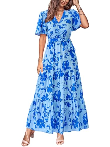 MASCOMODA Womens Summer Swiss Dot Maxi Dresses Wrap Boho Floral Long Dress - color: F-blue, size: Medium