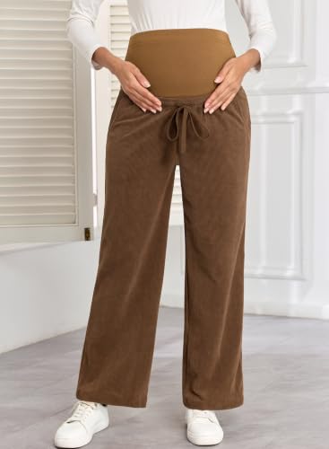 BLENCOT Maternity Pants Over Belly Wide Leg Pregnancy Casual Sweatpants - color: Coffee, size: Medium