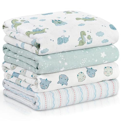 Muslin Swaddle Blankets for Newborn, Cotton Receiving Blanket - color: Blue Dinosaur