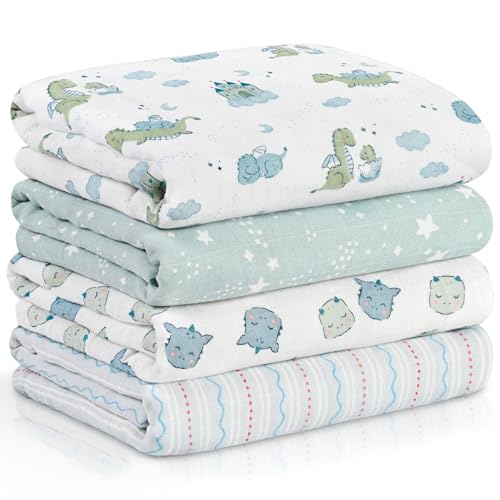 Muslin Swaddle Blankets for Newborn, Cotton Receiving Blanket - color: Blue Dinosaur